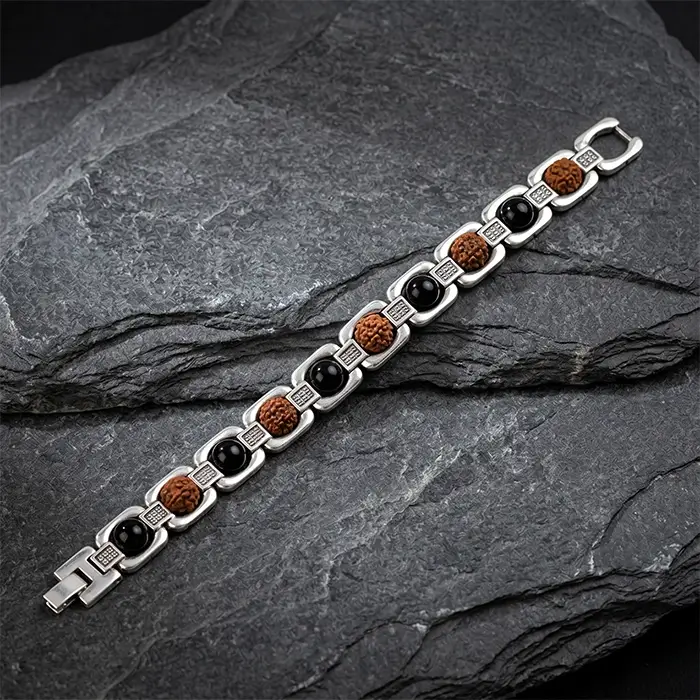 Metal Rudraksha and Karungali Bracelet - Silver